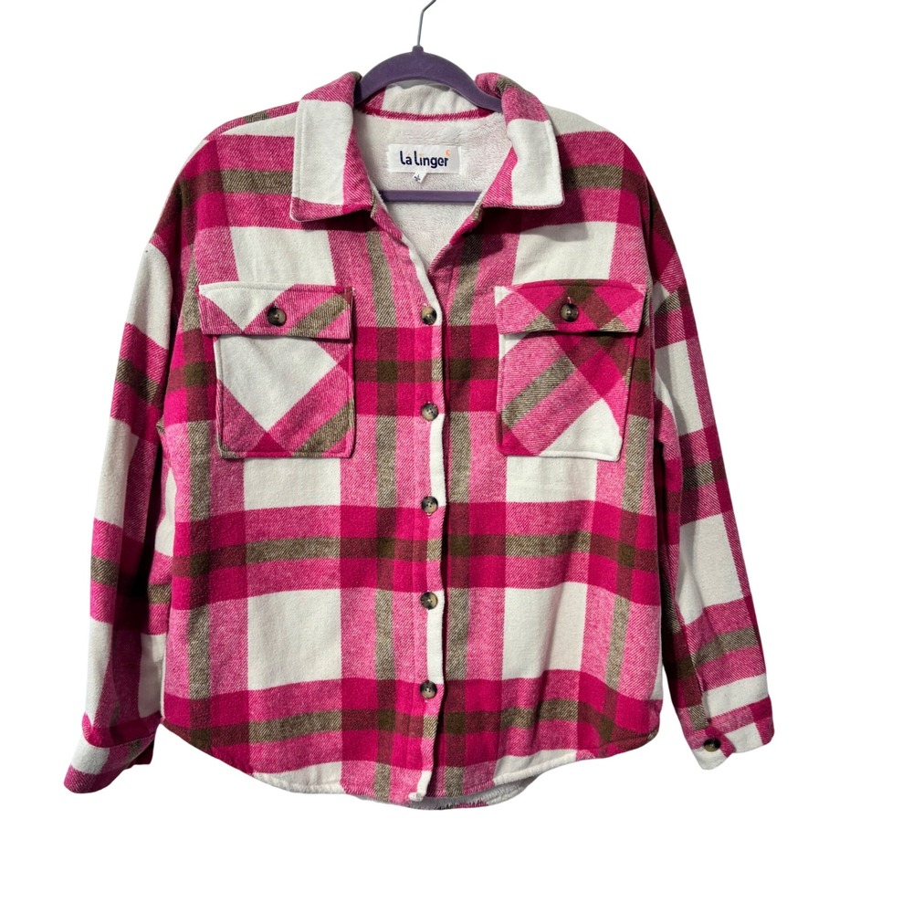 La Linger Pink Plaid Sherpa Lined Flannel Shacket Jacket Womens Large